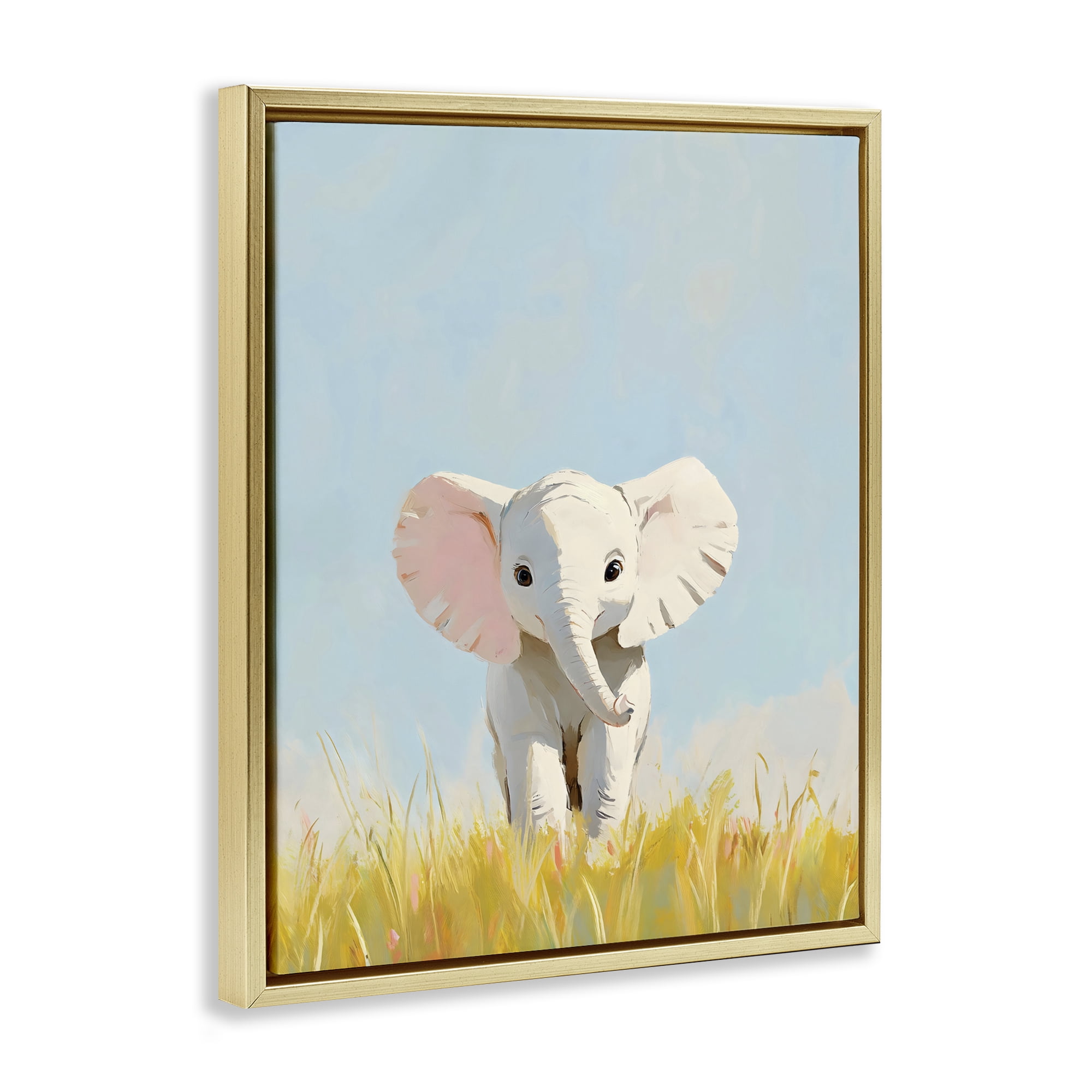 Stupell Industries White Baby Elephant in Grass Gold Framed Floater Canvas Wall Art, design by The Prints Vibe