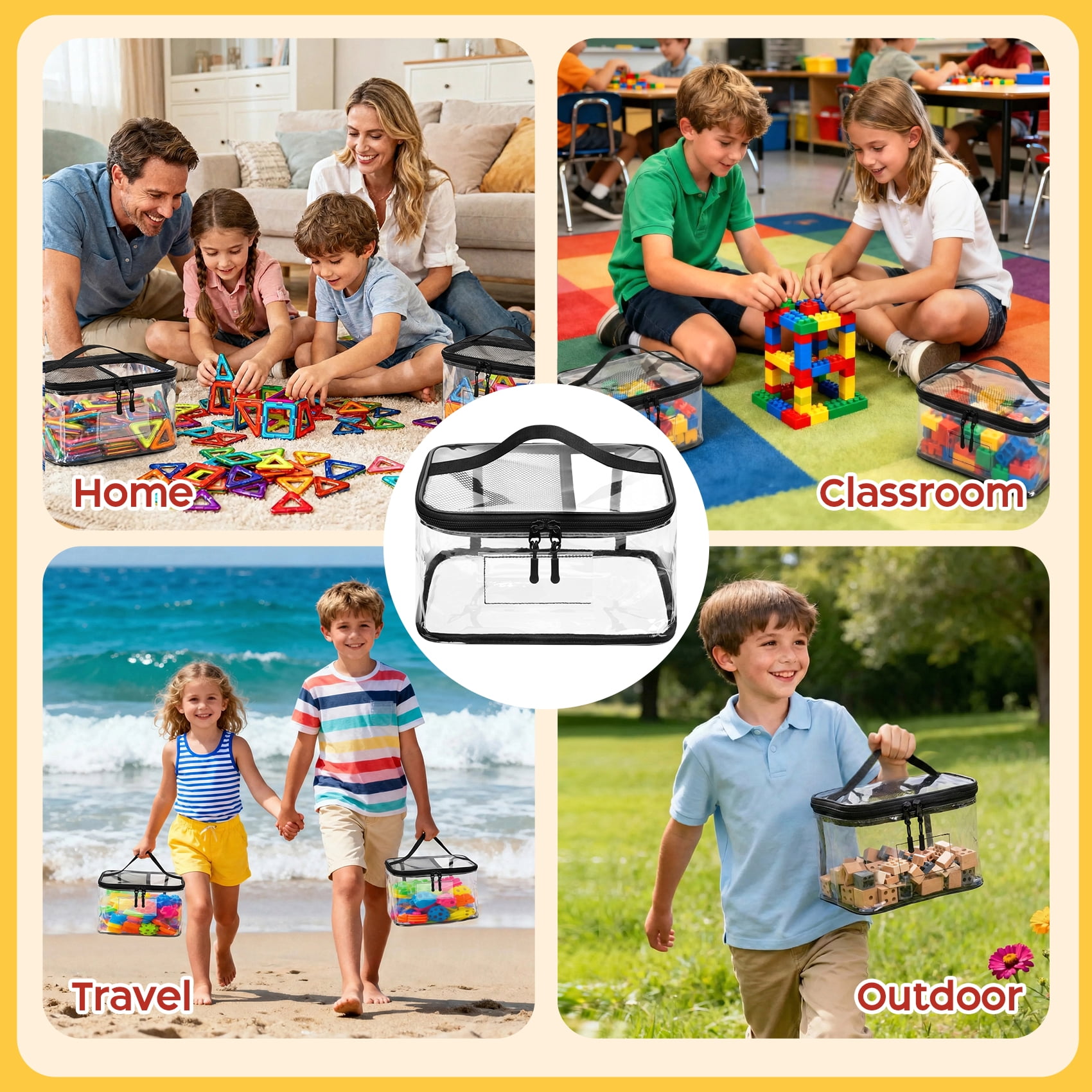 4-Pack Clear PVC Toy Storage Bags with Handles, Zippered Organizer Bags for Puzzles Board Games Legos, Playroom Storage Cases with Label