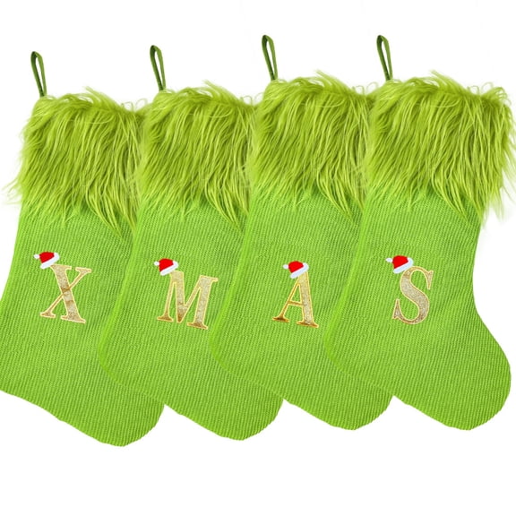 2026 Green Monster Knitted Christmas Stockings with Letters, Monogram Christmas Stockings, 18in Large Christmas Stockings with Soft Plush Cuff for Christmas Tree Fireplace Decoration for Adults
