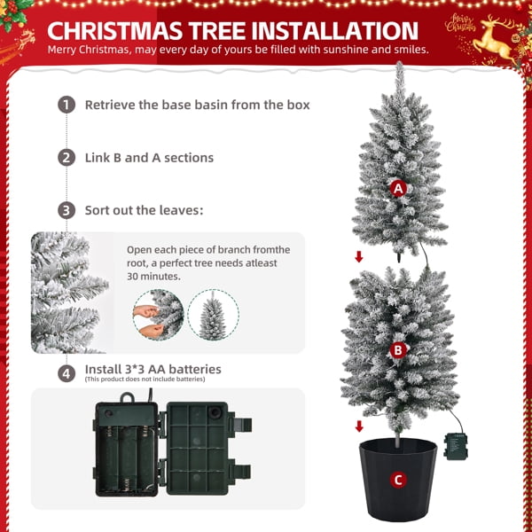 3-Piece Pre-Lit Flocked Christmas Tree Set - Warm White LEDs, Snowy Green PVC Branches, Flame-Retardant, Holiday Decor for Home/Living Room/Entryway
