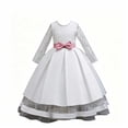 thumbnail image 4 of LEKWK Girls Princess Gown Long Sleeve Lace Satin Formal Midi Dress Bow Waist Tiered Tulle Wedding Flower Girl Dress for Pageant Host Recital Birthday Party, 4 of 8