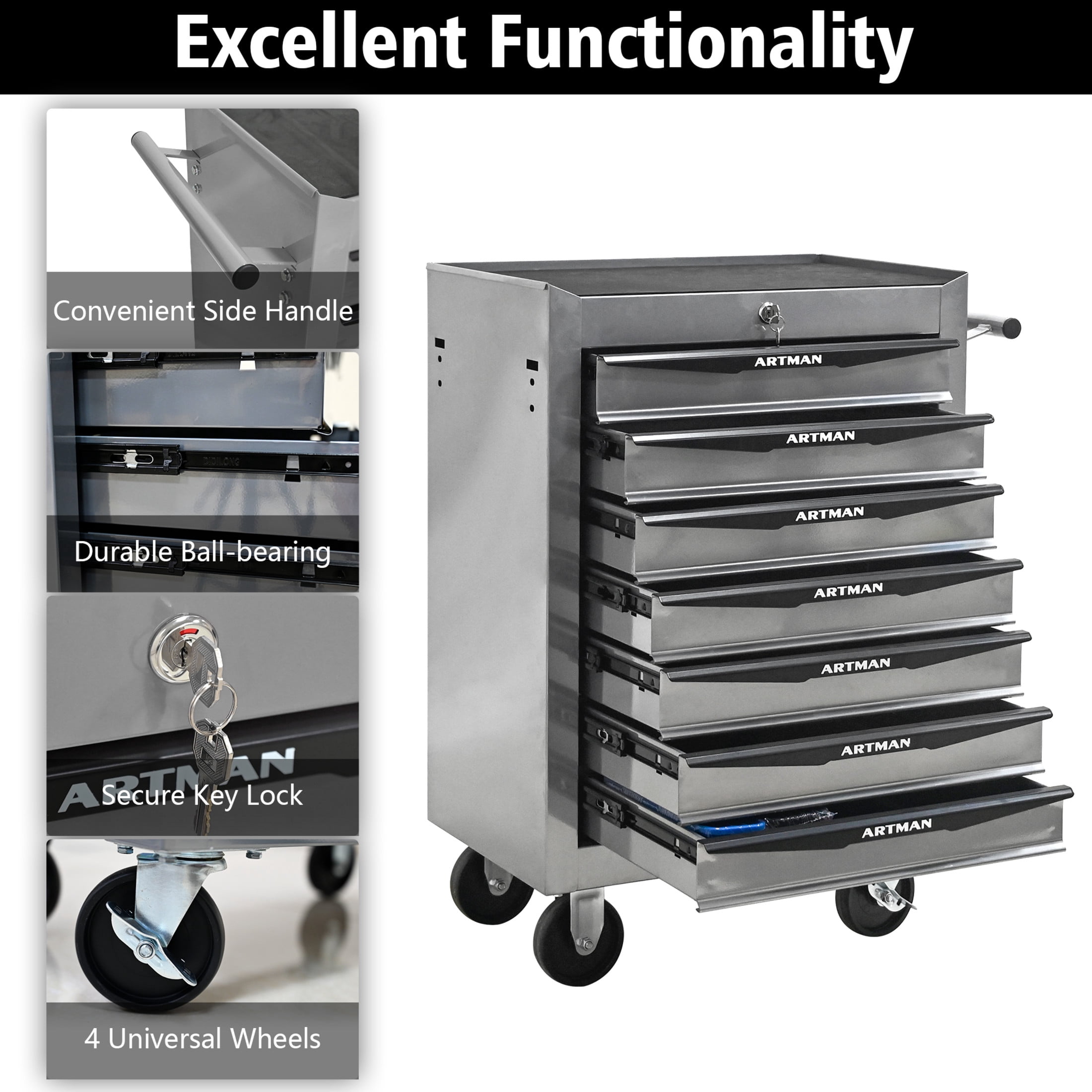 Noble House 7-Drawer Mobile Steel Tool Organizer with Key Lock, Ball Bearing Slide Storage Cabinet Box, Silver