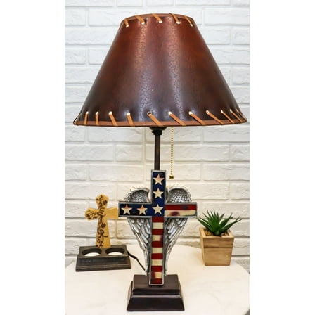 Country Rustic Western Old Faithful American Flag Silver Angel Wings Table Lamp
