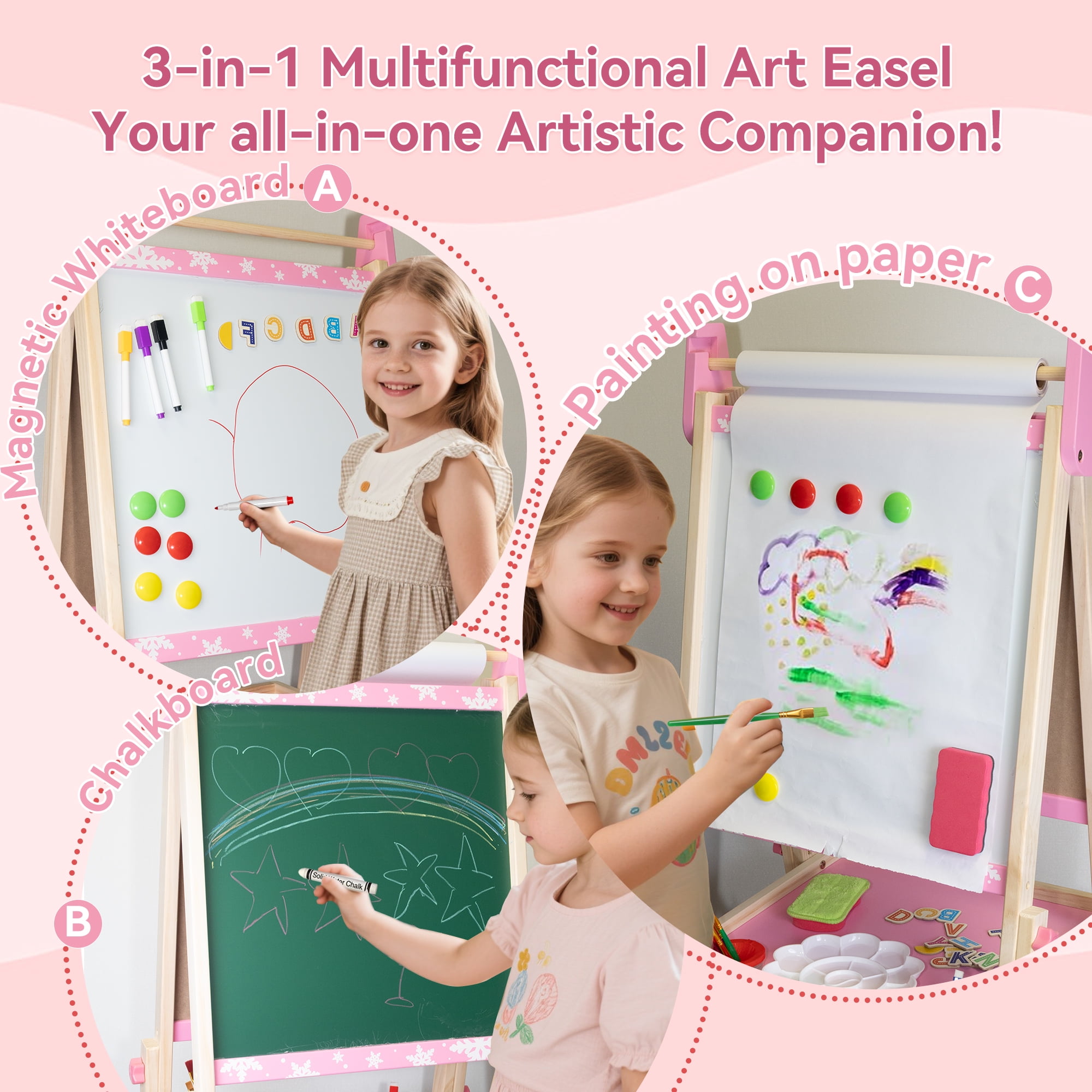 SaveJoy Kids Art Easel 3-in-1 Wooden Double Sided ,Magnetic Whiteboard, Adjustable Standing Drawing Board with Accessories for Boys & Girls,Pink