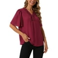 thumbnail image 4 of BLUSAS DE CHIFFON ELEGANTES PARA MUJER INSPIRADAS, TOPS CASUALES DE CUELLO EN V, CAMISAS TUNIC DE MANGA CORTA DE VERANO, TAMAÑO S, ROJO, 4 of 6