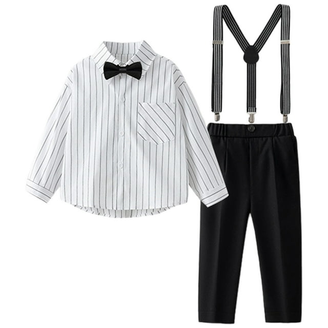 TIEVOSA Ensemble Chemise à Manches Longues pour Garçons, Chemise Classique Rayée avec Nœud Papillon pour l'École, Tenue Formelle et Style Décontracté Quotidien pour Garçons 3 13 pour 5-6 Ans (Noir)