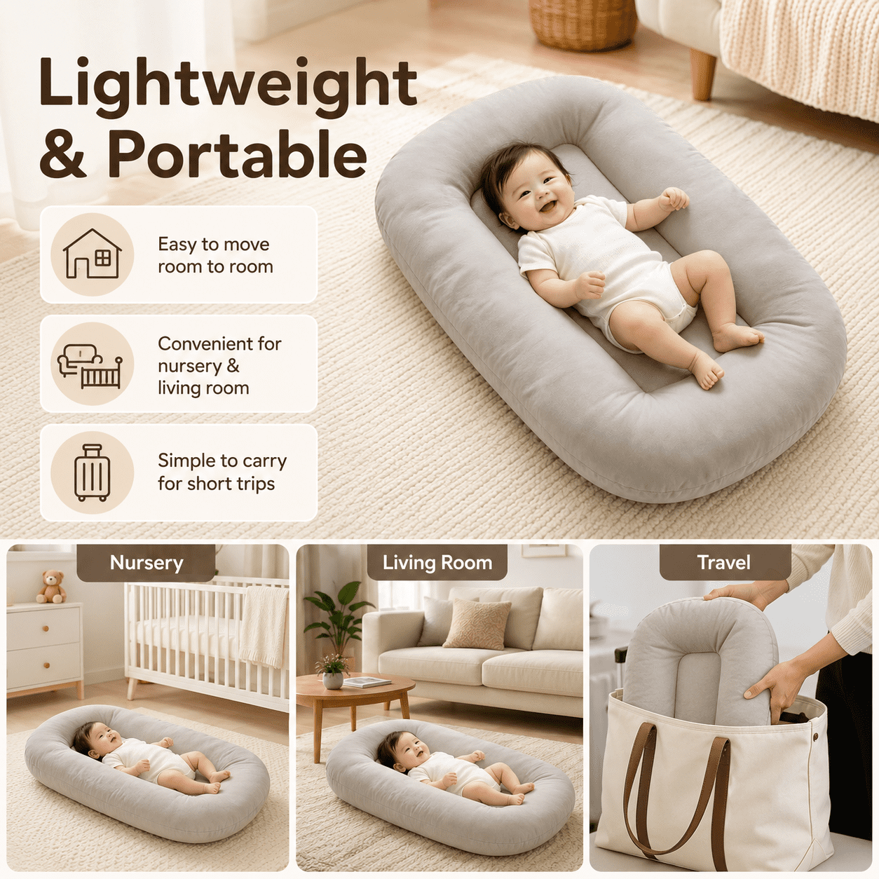 Baby Lounger for Newborn, Soft Care Cushion, Portable Support Pillow, Lightweight Nursery Cushion for Feeding, Bonding and Daily Care(Apricot)