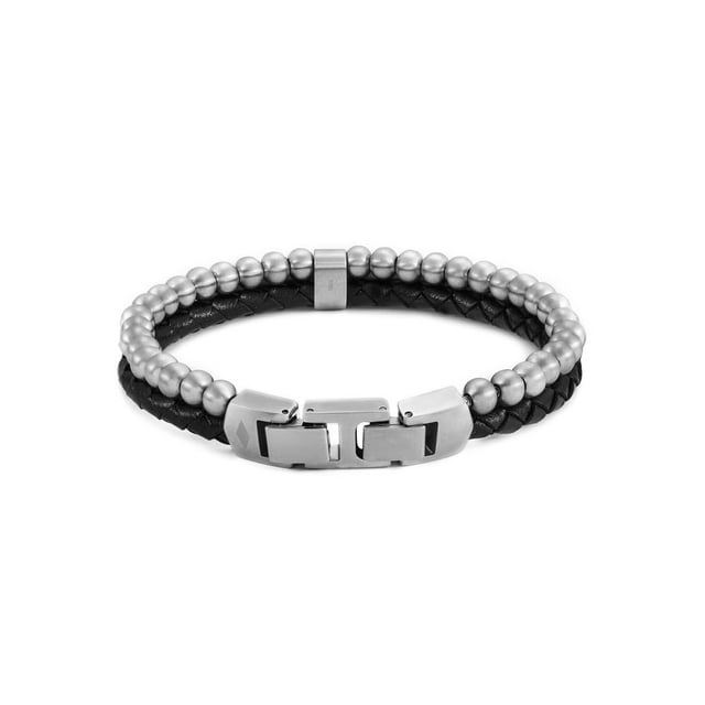 Pulsera Fossil para hombre con cuentas de piel negra, varias hebras, 21,5 cm