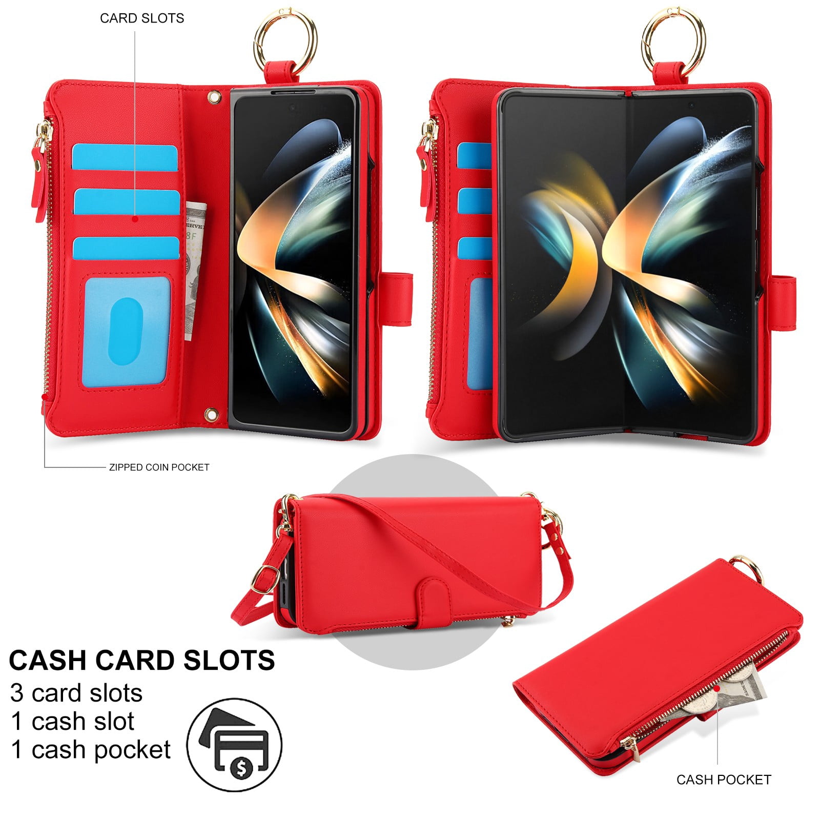 ELEHOLD For Samsung Galaxy Z Fold 4 Phone Case Leather Crossbody Zipper Card Wallet Flip Case Kickstand Cover, with Ring Holder,Full Body Protection-Red