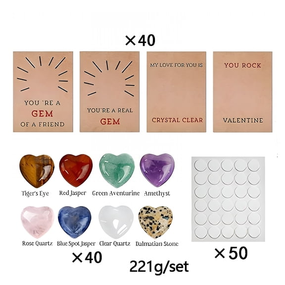 CCOCC Class Valentines Day Gifts for Kids - 40-Pack Crystal Rocks Card Set with 0.78 Inch Heart Stones,Complete Ready-To-Give Kit with Clear Pouches,Funny Unique Cards for School Exchange