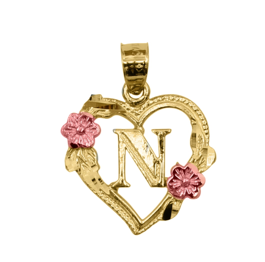 Precious Stars 14k Pendentif Initiale en Forme de Fleur Dorée et Cœur 'N' Bicolore