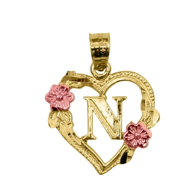 Precious Stars 14k Two-tone Gold Flower and Heart-shaped Initial 'N' Pendant