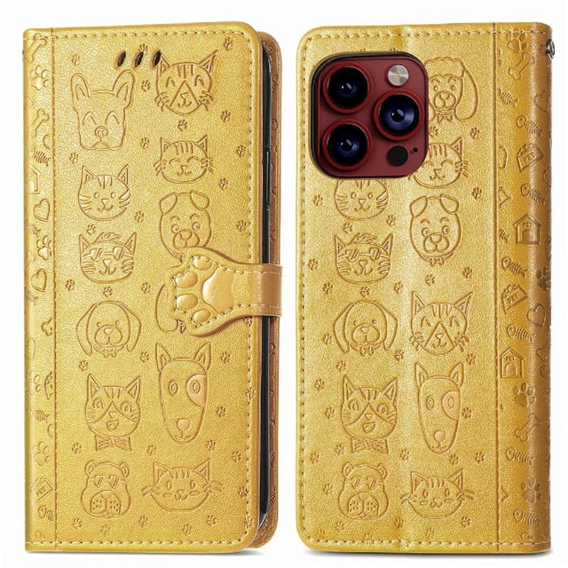 Funda Cartera FOXDOCK para iPhone 15 ProMax , Flip PU con Relieve de Gatos y Perros, Tarjetero y Soporte