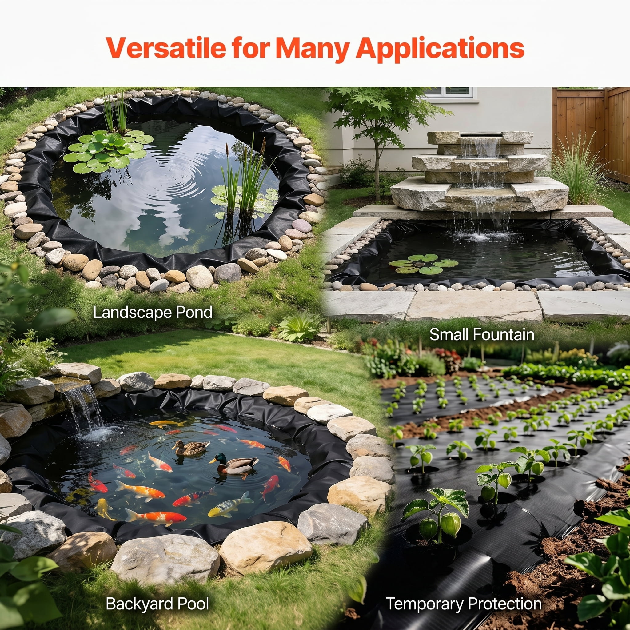 15 x 20 ft Pond Liner, 14 Mil Thickness, 3-Layer Reinforced PE Fish Koi Pond Liner for Outdoor Ponds, with Hemmed Edge and 4 Metal Buttonholes, for Water Garden, Waterfall, and Fountains, Black