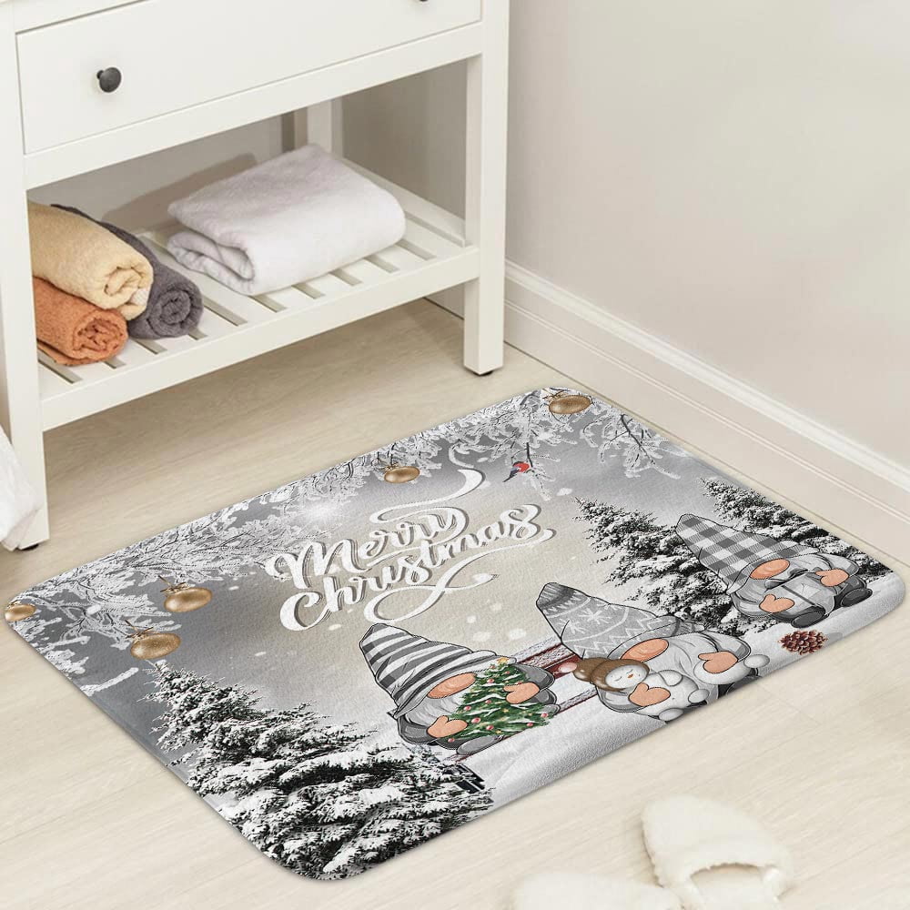 Winter Christmas Bath Mat, Funny Xmas Grey Gnome in Snowfield Snowflake Bath Rug for Bathroom, Pine Tree Covered With Snow Rustic Winter Holiday Bath Mat Soft Non Slip Bath Rugs, 16X24IN