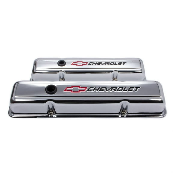 Proform 141-899 Valve Covers Short Chrome Steel Red Bowtie Black Chevrolet Logo Fits select: 1967-1986 CHEVROLET CAMARO, 1969-1986 CHEVROLET C10