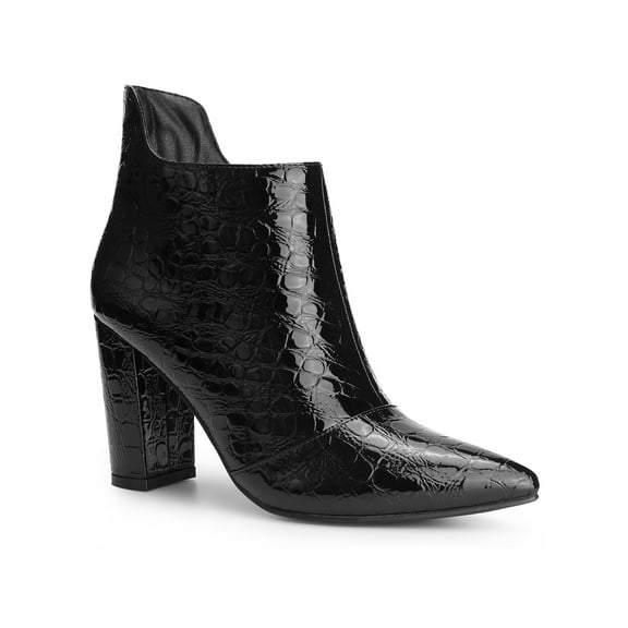 BLISSFUL STEP Pointed Toe Stone Pattern Cutout Chunky Heels Ankle Booties for Women Black 7