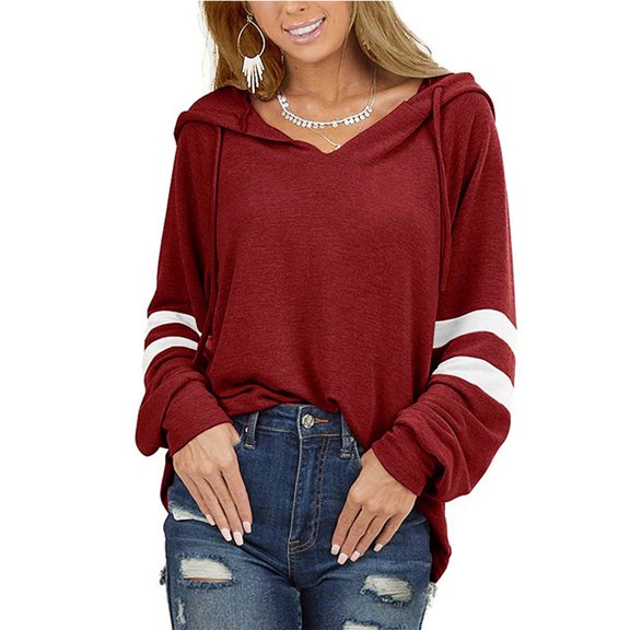 Abcnature Women Hooded Drawstring Solid Stitching Long Sleeve Loose Sweatshirt Top Plus Size Tops for Ladies Autumn Winter Casual Loose Tunic Blouse Wine M