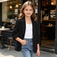 thumbnail image 2 of mgoYE Girls Blazer Jacket Teen Open Front 3/4 Sleeve Blazers Kids Graduation Formal Suit Jackets with Pockets One Button(Black,14-15 Years), 2 of 7