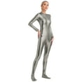 thumbnail image 3 of Eandarui Women's Shiny Metallic Unitard Turtleneck Long Sleeve Footed Zentai Suit Catsuit Dancewear Grey XL, 3 of 7