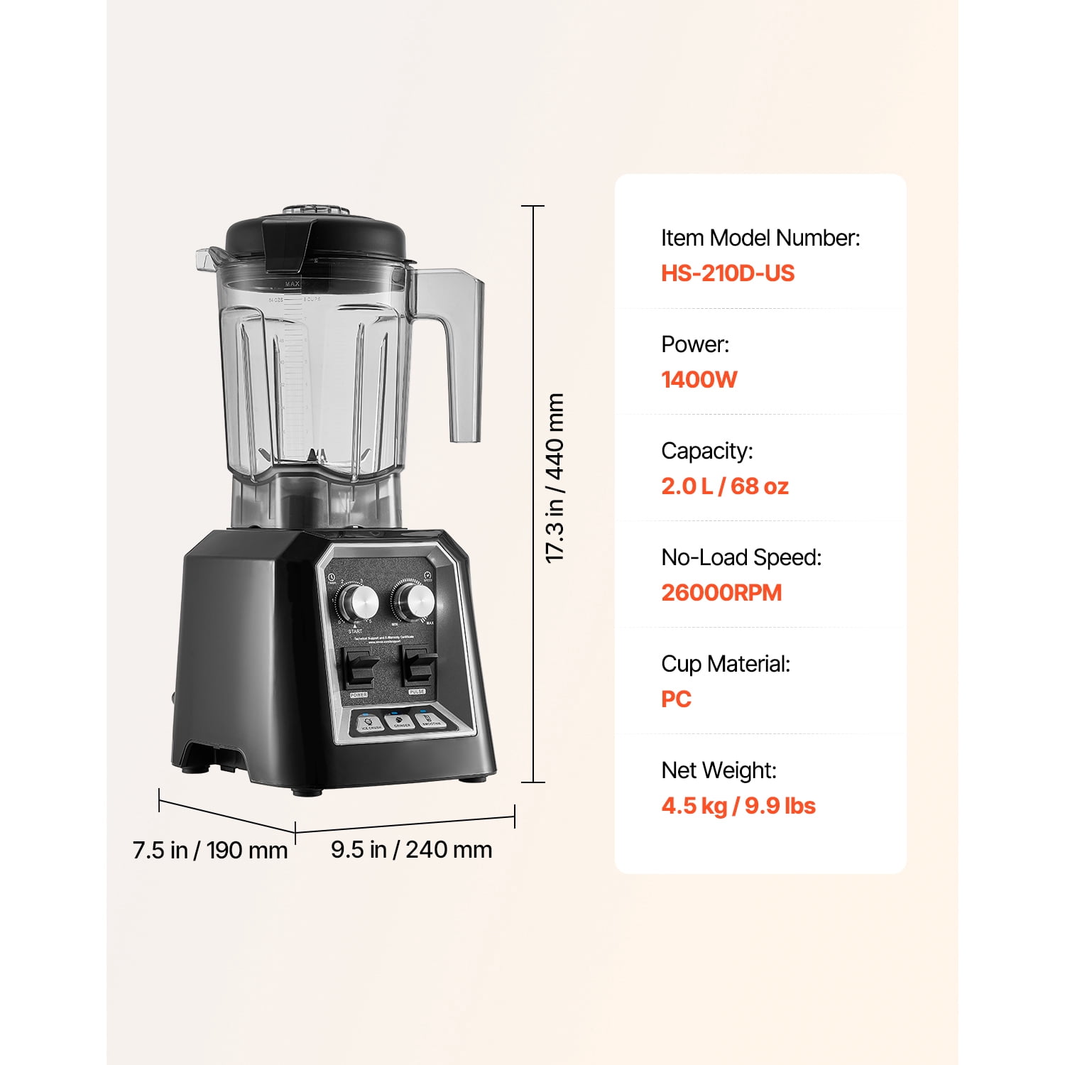 KFFKFF Smoothie Blender, 68 oz 1400W, Expert Blender with Robust Motor, Versatile Food Processor Blender with Grinding Jar for Smoothie/Milkshake/Juice, Suitable for Kitchen