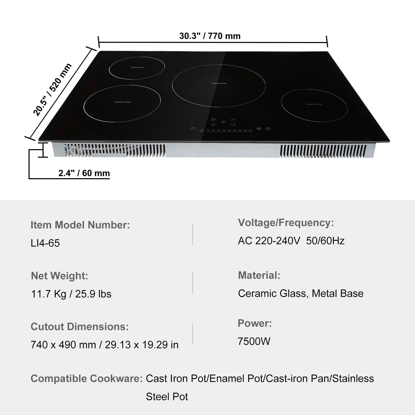 30" 4-Burner Built-In Induction Cooktop with 9 Power Levels, 7500W Electric Stove Top Featuring LED Touch Control, Child Safety Lock&Timer Function