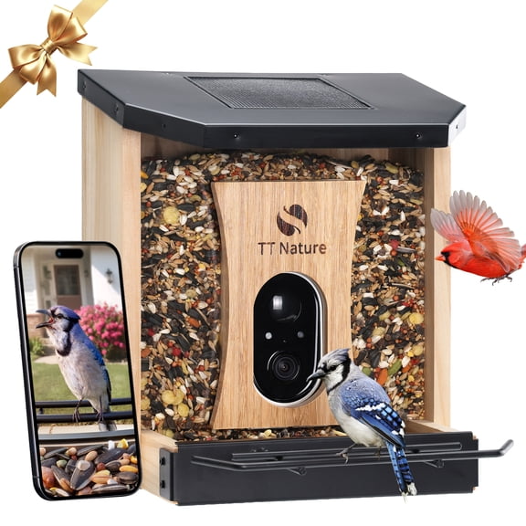 TT Nature Smart Bird Feeder with Camera Solar Powered, AI Identify 10000  Birds, Weatherproof , Eco-friendly Wooden, Ideal Gift for Bird Lovers