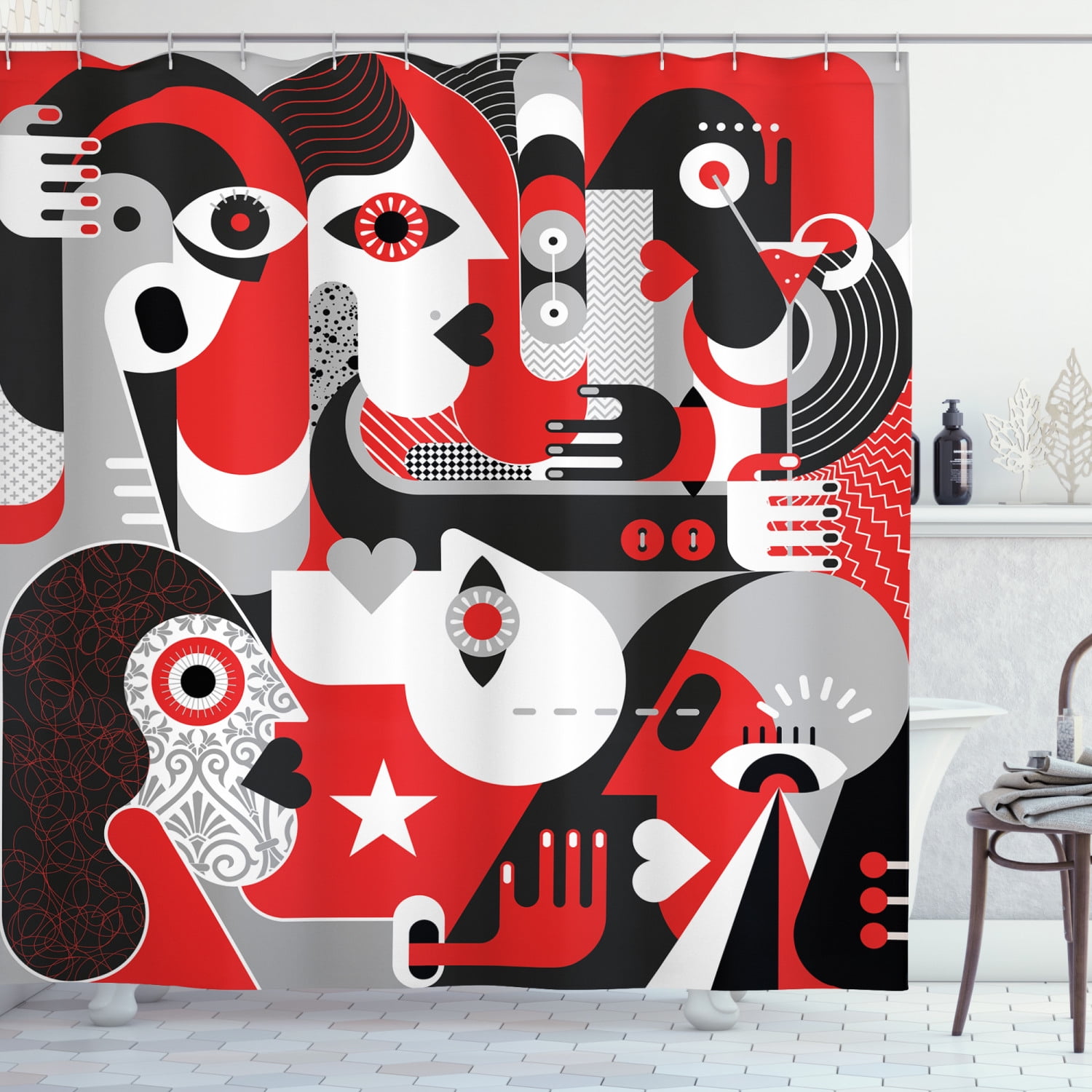 Abstract Woman Shower Curtain, Human Faces Illustrated in a Creative