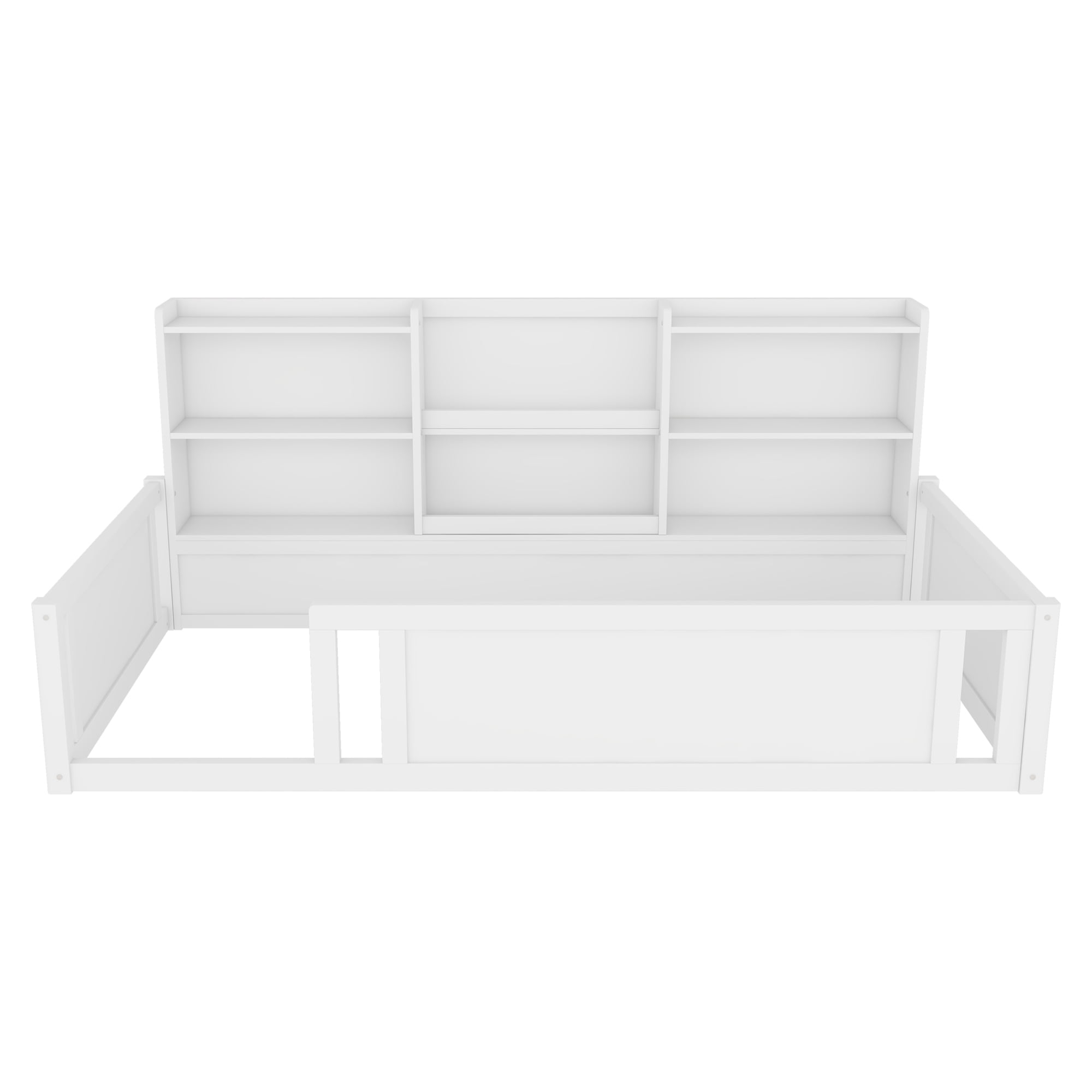 Mintazer Twin Size Montessori Floor Bed with Bookcase Headboard & Guardrails, Kids Platform Bed Frame with 6 Cubby Storage Shelves for Bedroom, White