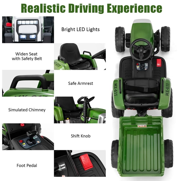 AIYAPLAY Tracteur électrique enfants avec remorque amovible, voiture électrique enfants, télécommande 2,4G, 139x58x55cm, vert | France