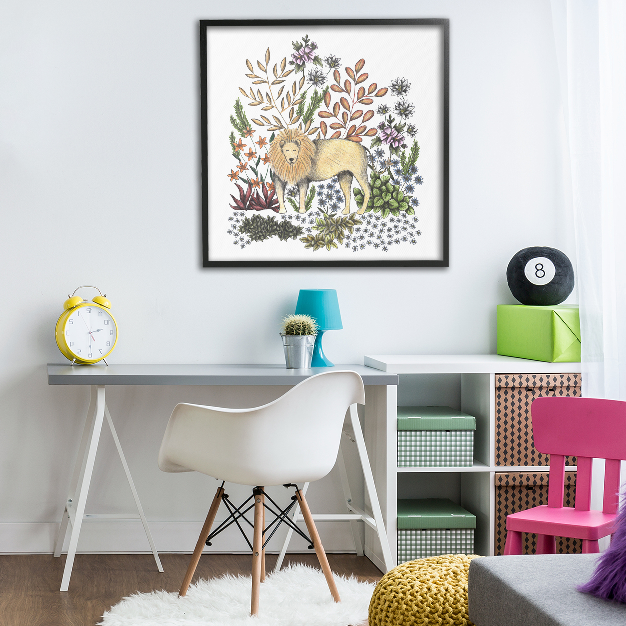 Jungle Wildlife Lion Black Framed Giclee Art, design by Cecilia Battaini
