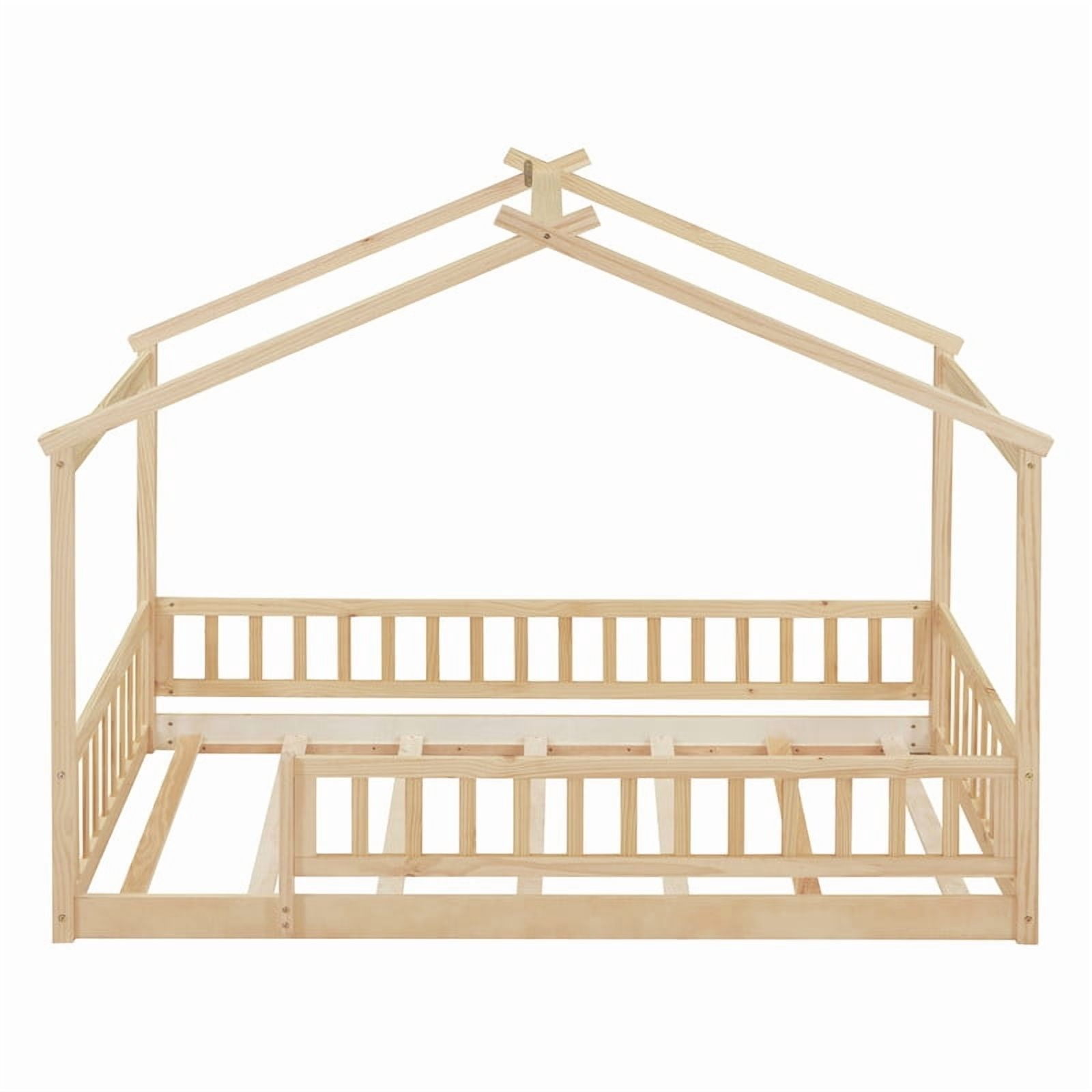 Twin Size Wood House Bed Floor Bed with Fence and Guardrails, Kids Playhouse Bed Toddler Bed Montessori Bed for Kids Boys Girls, No Box Spring Needed