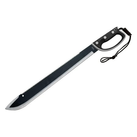 COLOMBIAN MACHETES Sawback Survival Machete and Sheath - Non-Reflective Stainless Steel Blade Serrations Rubberized Handle Wrist Lanyard For Wilderness Cutting Jobs and Trailblazing - Length 24