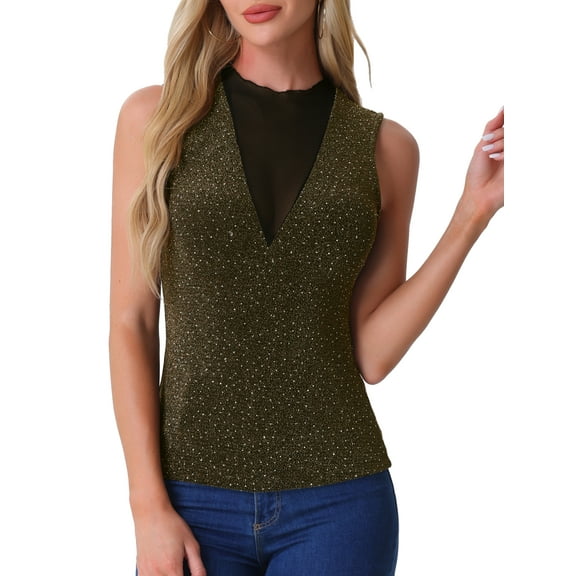 INSPIRE CHIC Women's Sleeveless Mesh Tops Glitter Party Sparkly Shirt XL Black Gold
