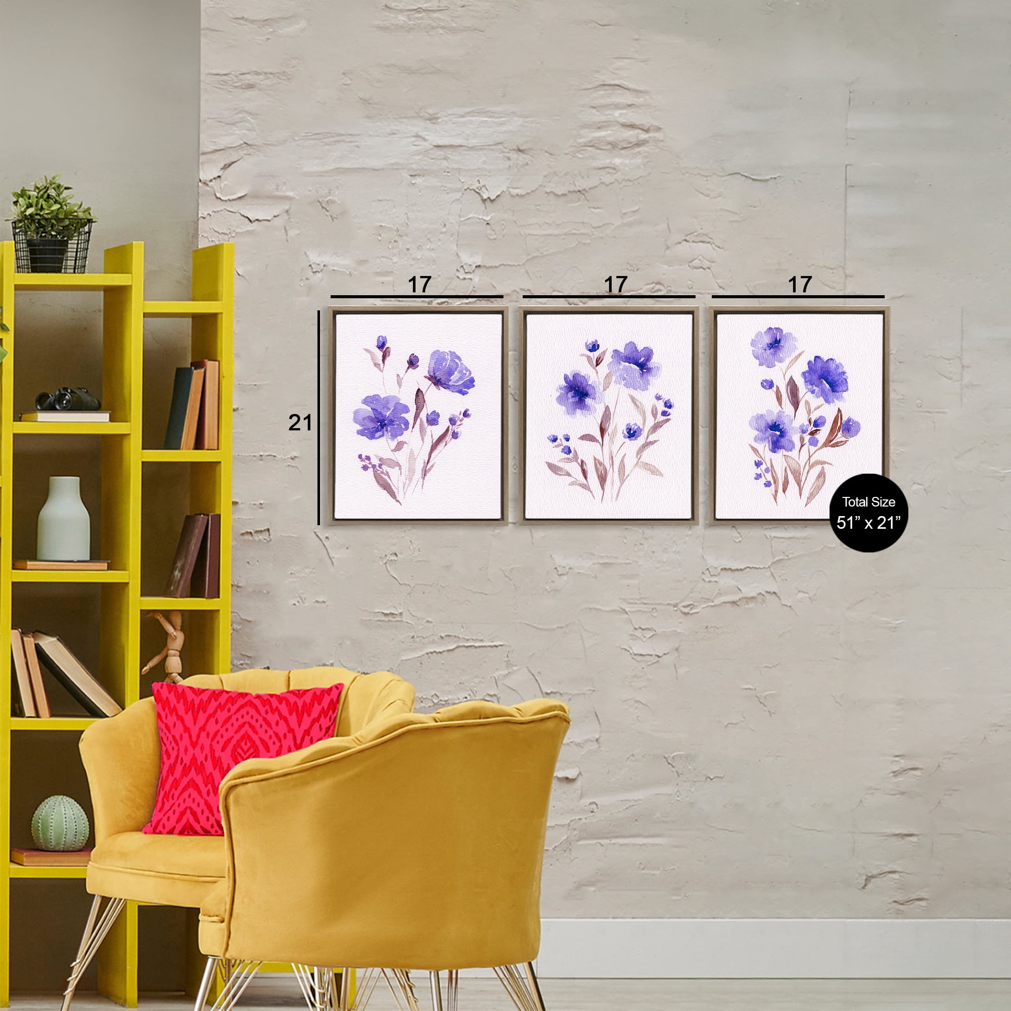 Stupell Industries Watercolor Purple Blooms 3 Piece Brown Framed Floater Canvas Set, design by Leah Noel Art