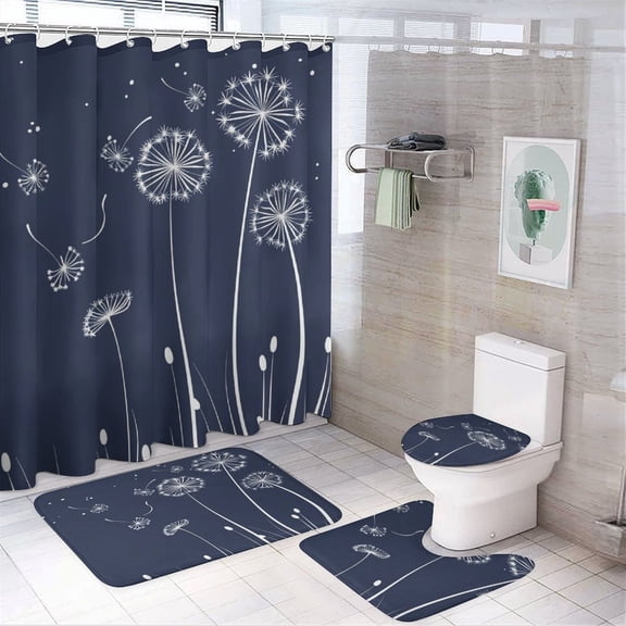 Navy Blue Dandelions 4 Piece Decor Shower Curtains Sets with Non-Slip Rugs Toilet Lid Cover And Bath Mat Neutral Floral Waterproof Durable Bathroom Decor Shower for Bathroom Decor