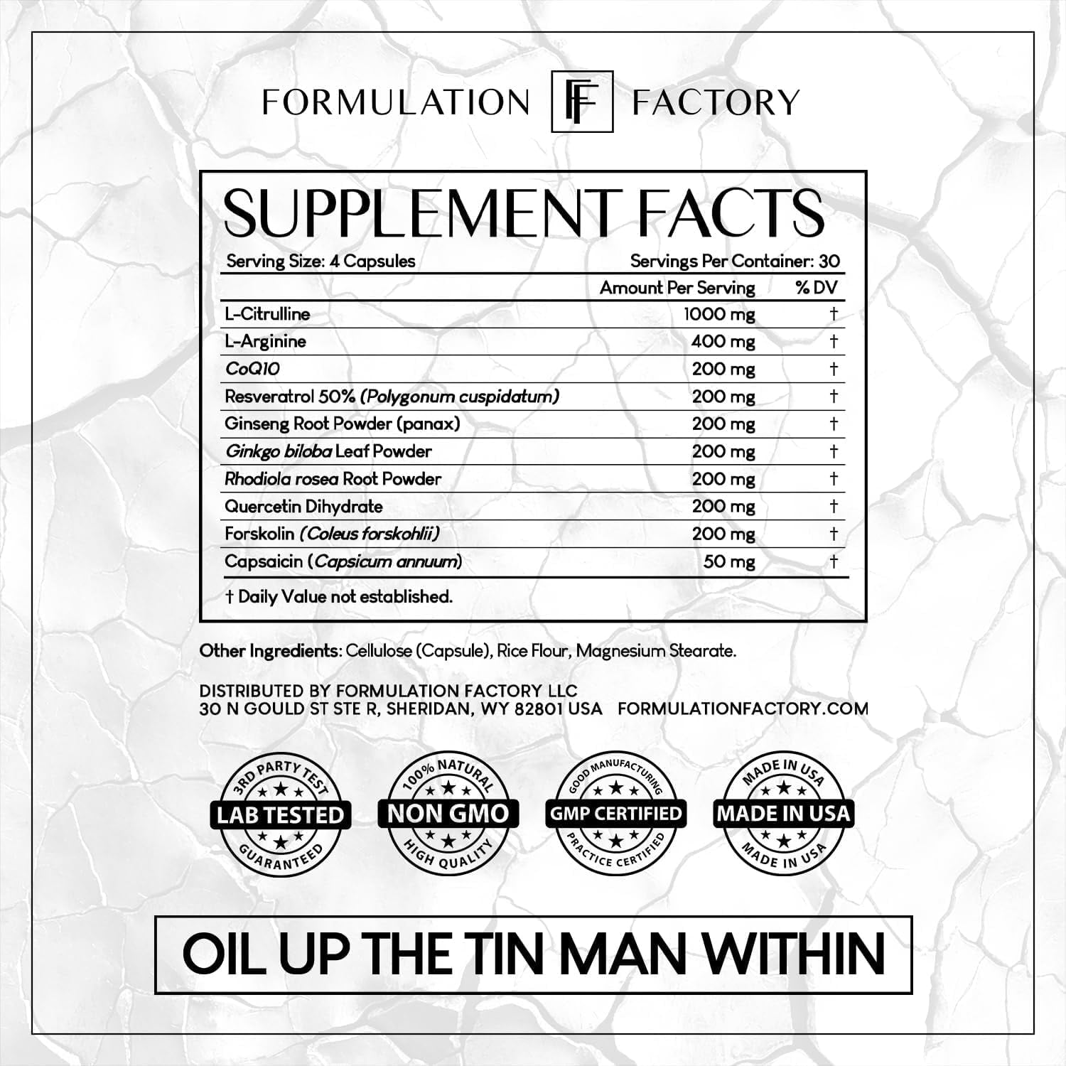 Formulation Factory Heart of Steel Blood Circulation Supplements, 10-in-1 Nitric Oxide Supplement with L-Citrulline & Resveratrol, 120 Capsules