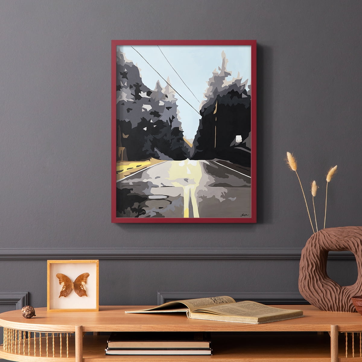 THE ROAD LESS TRAVELED Framed Print in Red Solid Wood Framed Print No Nail Hanging