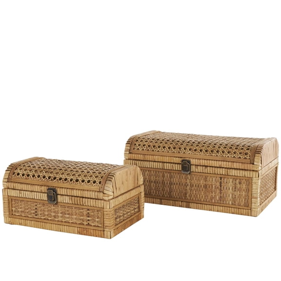 DecMode Handmade Woven Storage Brown Rattan Decorative Box with Curved Tops and Wrapped Edges, 2 Count
