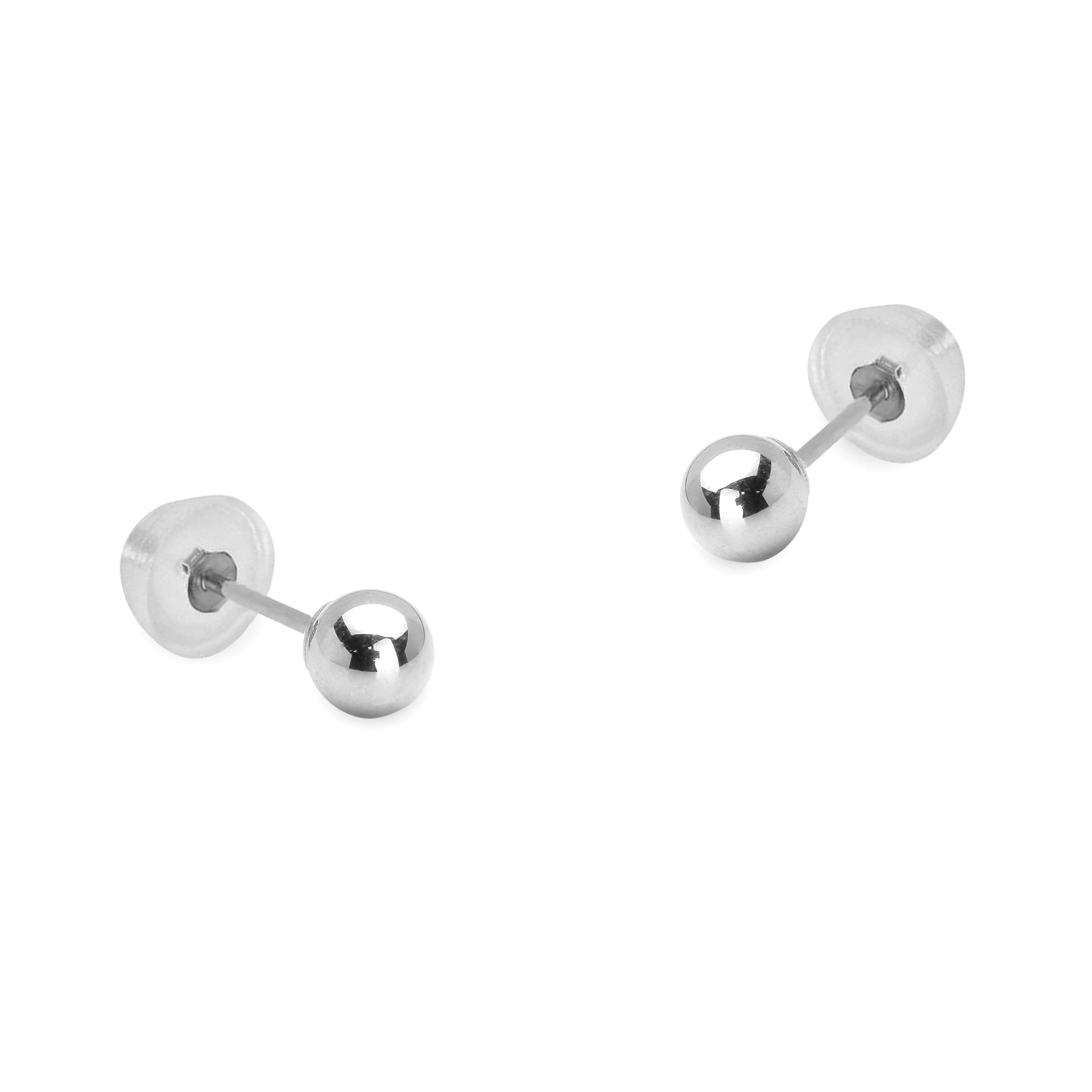 14k White Gold 3mm Plain Hollow Gold Ball Children Friction Baby Girls Pushback Earrings