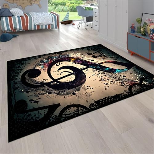 Retro Musical Note Area Rug, 5x7ft, Black, Soft Low Pile Washable Rug for Living Room, Boys & Girls Room Decoration$$Home Decor, Kitchen, & Other