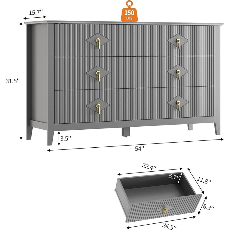 grey fluted dresser Garvee Fluted Dresser 54 Inch Wide, 6-Drawer Wood Dresser for Bedroom, Modern Chest of Drawers, Storage Organizer Cabinet for Living Room, Hallway,