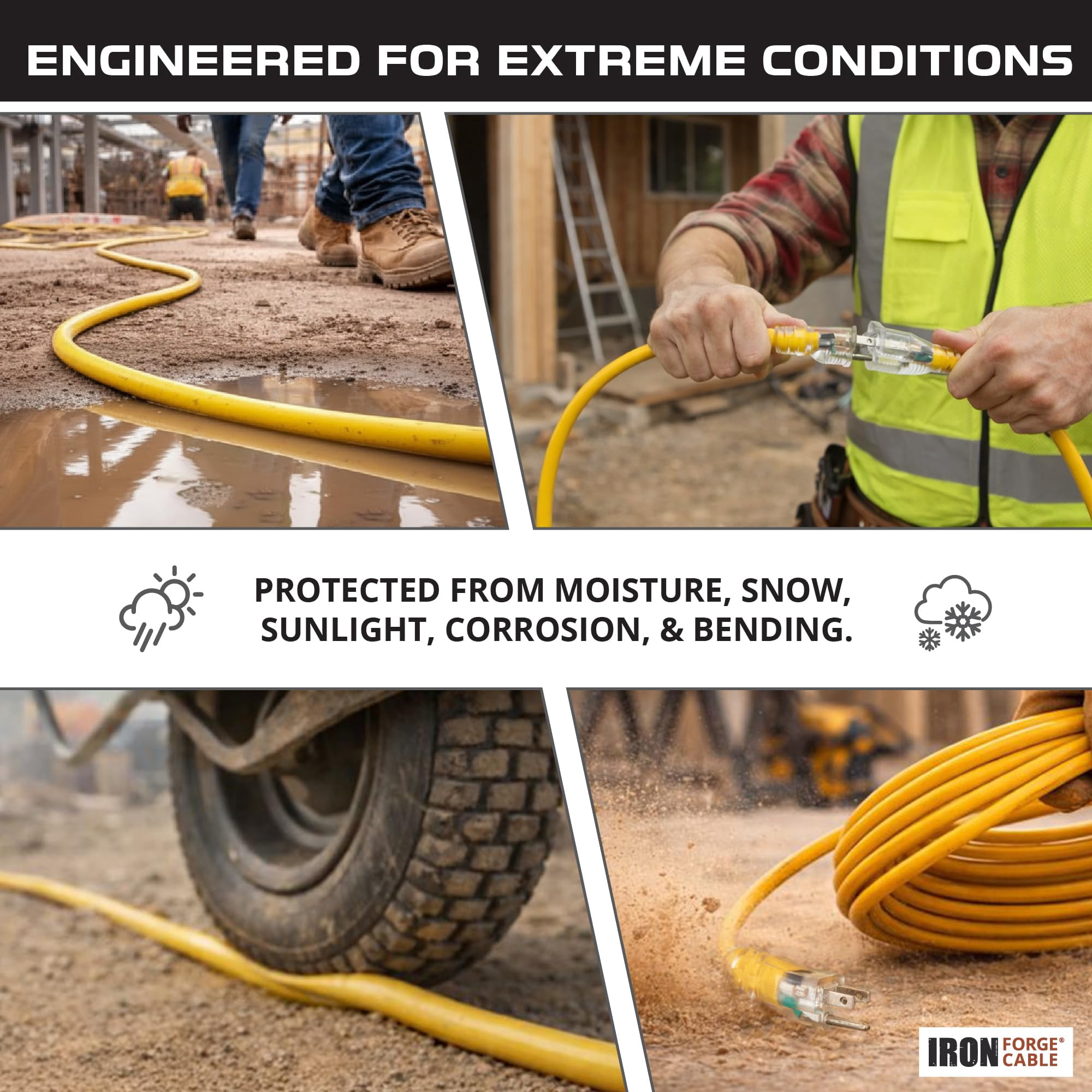 IRON FORGE CABLE 6 Foot Lighted Outdoor Extension Cord - 12/3 SJTW Heavy Duty Yellow Extension Cable with 3 Prong Grounded Plug for Safety, 15 AMP - Great for Garden and Major Appliances