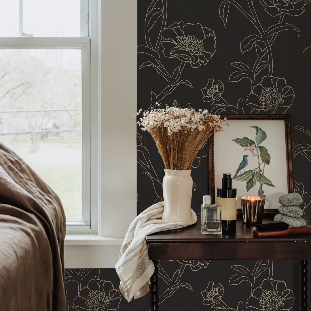 Tempaper Black & Metallic Gold Peonies Peel and Stick Wallpaper, 20.5" x 16.5'