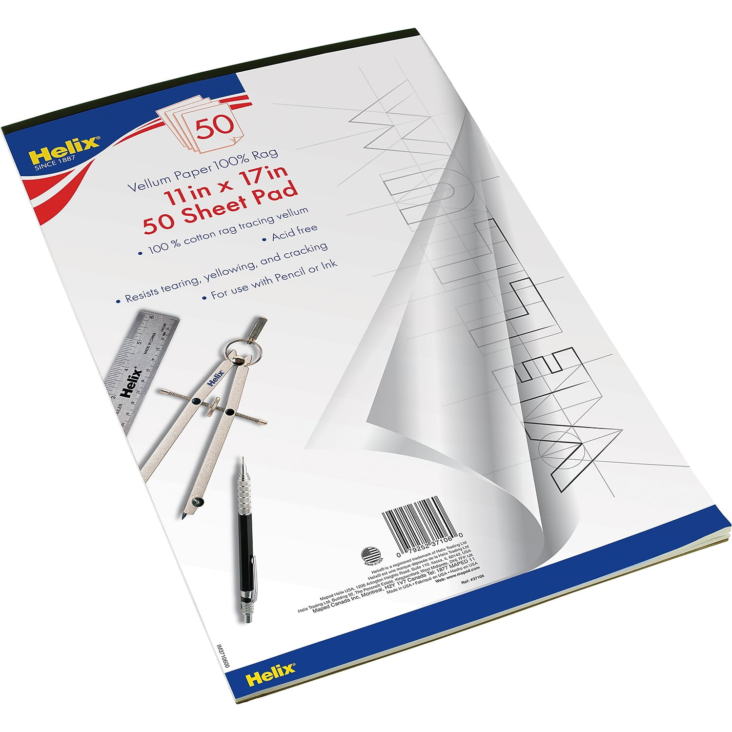 Helix Premium 100% Rag Drawing Vellum Paper Pad, 11 in x 17 in - 50 Sheets
