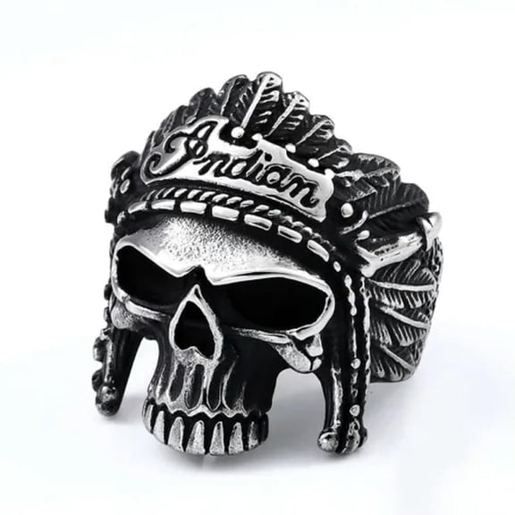 K-KED Chief Skull Indian Feather Skull Ring Stainless Steel Men's Biker Ring Size 8-13-10