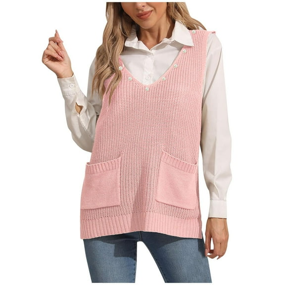 ChaoHeng Womens Winter Loose Solid Sweaters Long Sleeve V-Neck Tops for Fall/Winter Trendy(Pink,Free Size)