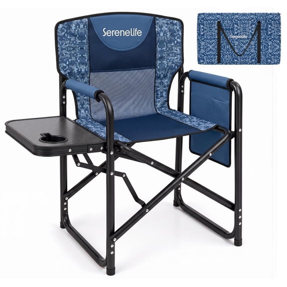 SereneLife Portable Foldable Director Chair with Side Table, Cup Holder & Carry Bag, Outdoor Camping Chair for Sports, Fishing, Tailgating & Events