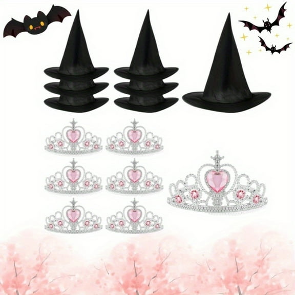 12 Pcs Halloween Witch Hat and Princess Crown Set, Queen Crown and Wizard Hat for Pink Birthday Party Decoration