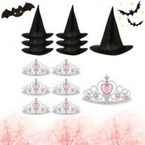 12 Pcs Halloween Witch Hat and Princess Crown Set, Queen Crown and Wizard Hat for Pink Birthday Party Decoration